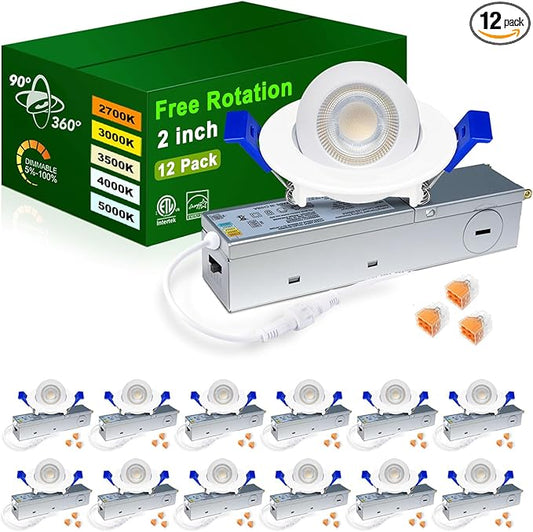 zouzai 2 Inch Adjustable Mini LED Gimbal Light, 5CCT Selectable, 360° Rotation & 90° Tilt for Precise Lighting, Accent or Ambient Illumination in Kitchen, Living Room, Cabinet (White, 12 Pack)