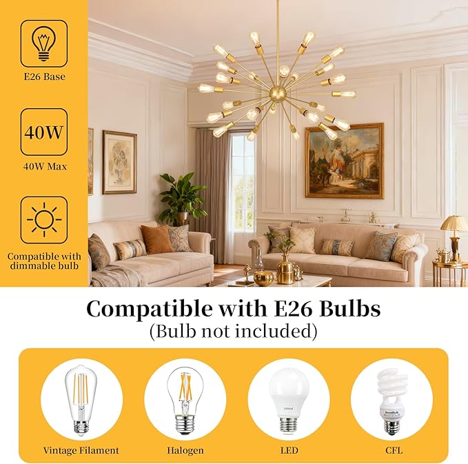 Large Gold Chandeliers for Dining Room Light Fixture | 43 Inch 24 Light Modern Chandeliers Over Table | Vintage Industrial Hanging Lighting for Living Dining Room, Kitchen Island, Entryway, Foyer