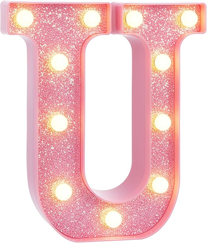 Pink Marquee Light Up Letters, Glitter Alphabet LED Letter Lights for Pink Birthday Party Decorations, Battery Operated Letter Sign for Girls Room Vanity Table Decor, Warm White Lights Letter U