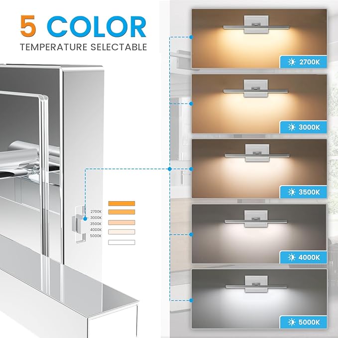 VOLISUN Modern Bathroom Vanity Light 15.7 inch, Rotatable, 12W Dimmable 5CCT Led Bathroom Light Fixture Over Mirror, Chrome Vanity Light for Bathroom Mirror Cabinets-ETL Certificated