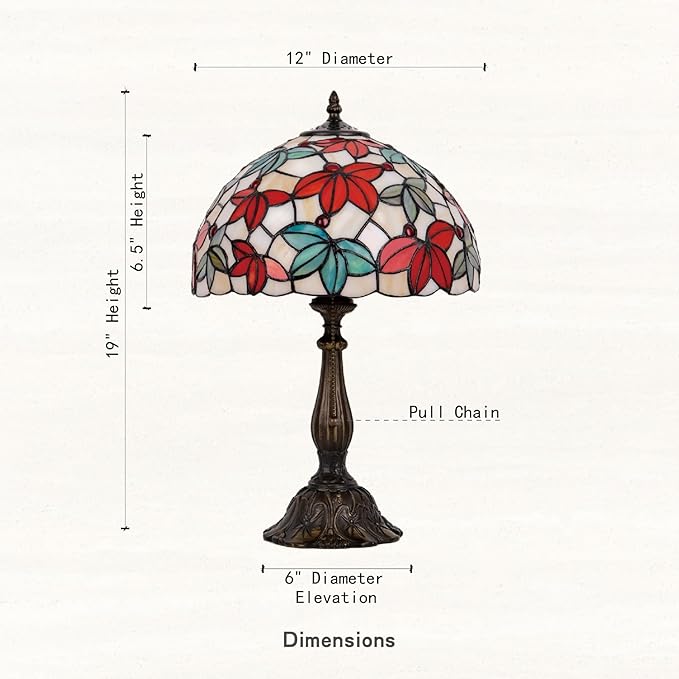 Tiffany Style Stained Glass Table Lamp, Maple Leaf Desk Light with Antique Bronze Resin Base, Multicolor Reading Lighting for Bedroom, Living Room, Office 12”X12“X19 (Maple-White)