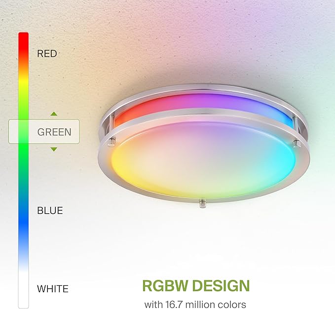 ASD LED 14" Round Flush Mount Lighting, Close to Ceiling Light Fixture | Smart, Multicolor, Dimmable, ETL Listed | 21W 1429LM RGB-2700-6500K 120V | Low Profile Double Ring Lamp | Nickel