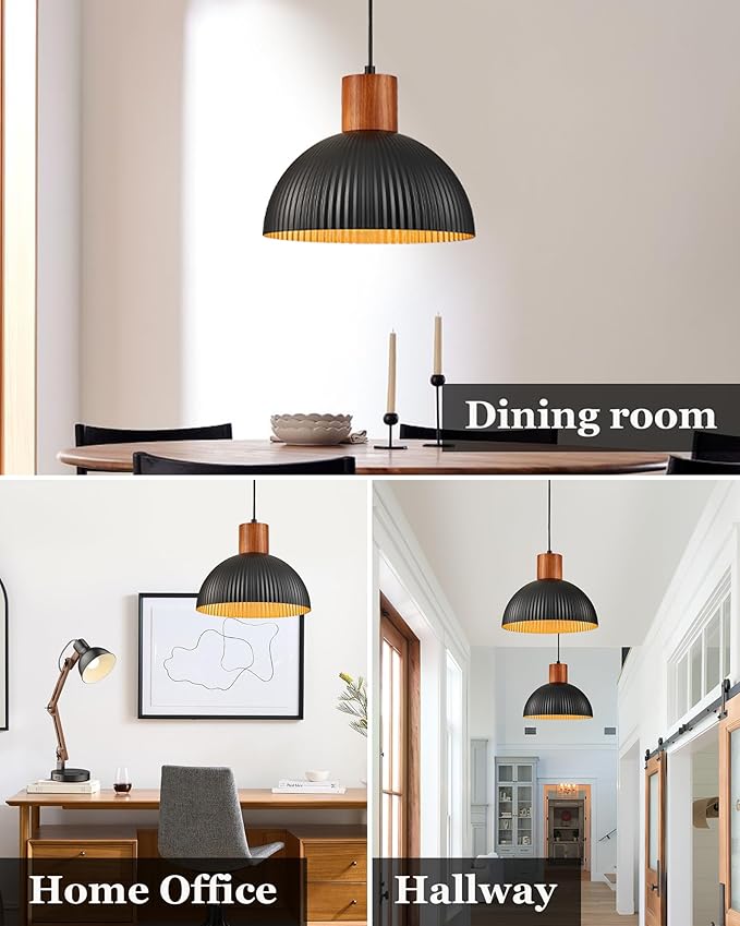 ELYONA 12" Ash Wood Dome Pendant Light Hanging Lamp with Black Metal Shade & Gold Inner Finish, Modern Pendant Light Fixtures for Farmhouse Kitchen Island Dining Room Bedroom Living Room Hallway