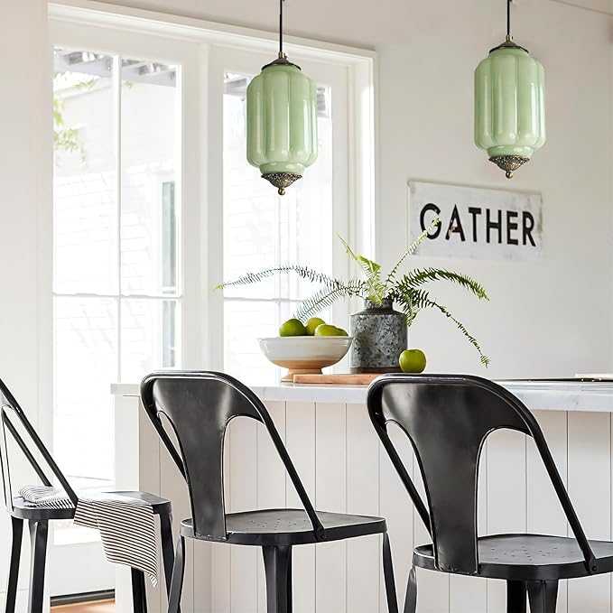 Vintage Milk Glass Pendant Lights Kitchen, Brass Color Glass Ceiling Light Fixture, Retro Industrial Pendant Lighting for Dining Room, Kitchen, Bedroom, Entryway, Hallway (Green, 5.5in)