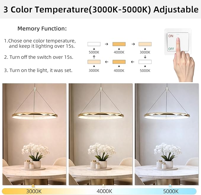 HEYAN Modern Gold Ring Chandelier, 16-Inch Faceted Geometric LED Pendant Light, Dimmable 3-Color Changeable Island Lighting, 25W Luxury Acrylic Crystal-Effect Ceiling Fixture for Dining Room & Kitchen