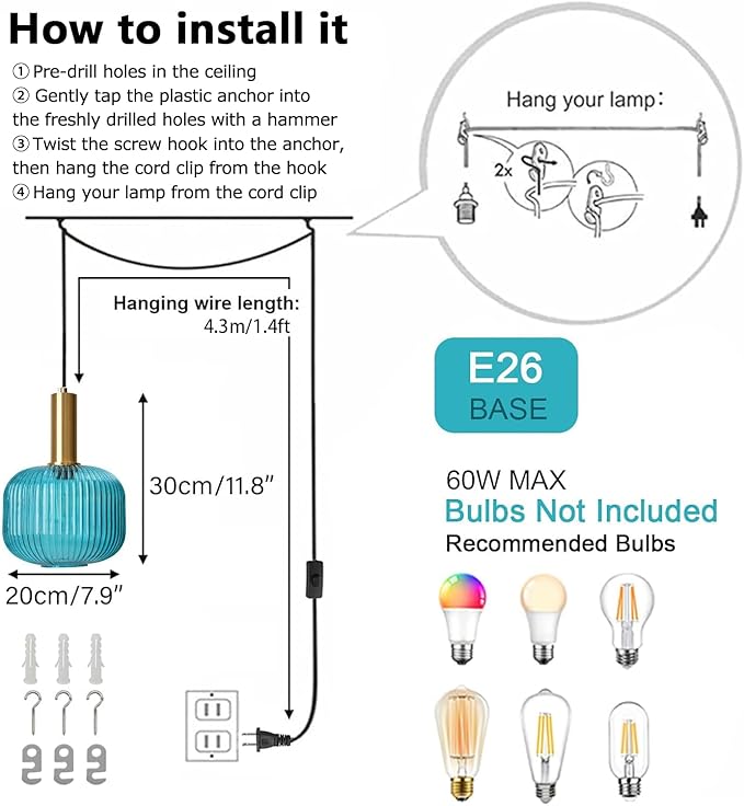 Boho Hanging Lamp, Blue Ribbed Glass Pendant Light with On/Off Switch, Coastal Style Plug in Hanging Light Adjustable Ceiling Lighting Fixture for Kitchen, Dining Room, Bedroom, Farmhouse