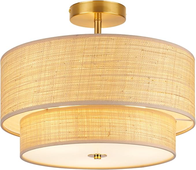 16 Inch Semi Flush Mount Ceiling Light, Double Raffia Woven Drum Shade, Rattan and Gold Farmhouse Ceiling Lamp for Bedroom, Living Room, Dining Room, Kitchen