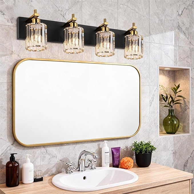 She's home 4 Light Crystal Vanity Lights for Bathroom - Black and Gold Modern Bathroom Vanity Lights Over Mirror 28 Inch, Bathroom Wall Lighting E26 Base