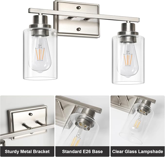 Unicozin 2 Light Bathroom Light Fixtures, Modern Vanity Lights Over Mirror, Brushed Nickel Wall Lamp with Clear Glass for Living Room Cabinet Bedroom Porch