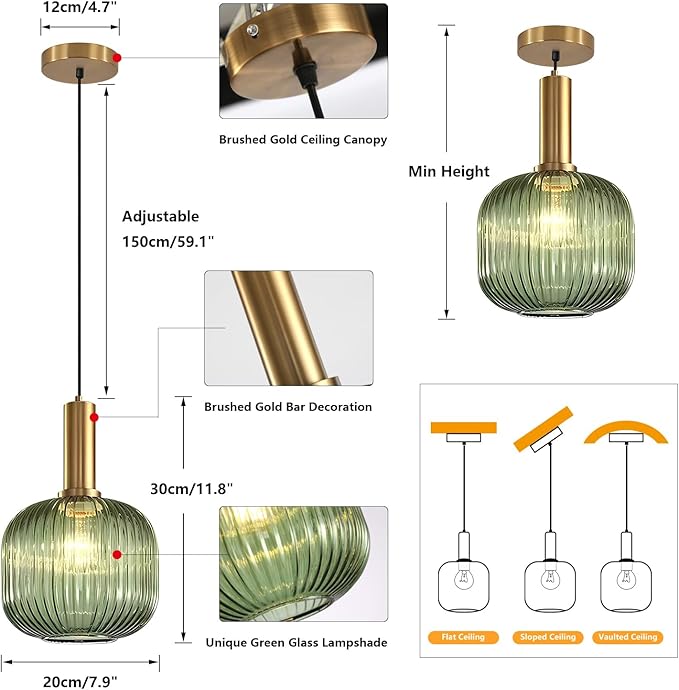 BOKT Mid Century Modern Green Glass Pendant Light Large Gold Globe Kitchen Island Pendant Light Fixture Minimalist Anti Brushed Brass Round Ceiling Hanging Pendant Lamp (7.9" Green)