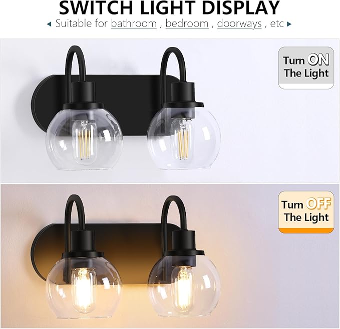 Dpyrrhic Modern 2-Light Vanity Light, Bathroom Lighting Fixture Over Mirror With Clear Glass Shade and Metal Base, Matte Black Wall Mounted for Bathroom