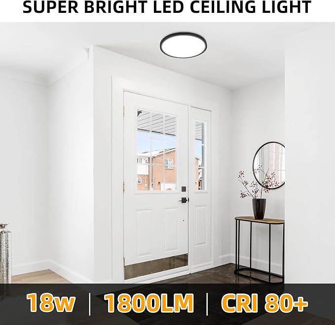 Hlite 4pack 9 Inch Flush Mount LED Ceiling Light Fixture,18W 1800LM Super Slim Light Fixtures Ceiling Mount 3000K/4000K/5000K 3CCT Selectable,Light Fixtures for Kitchen,Bedroom (Black)