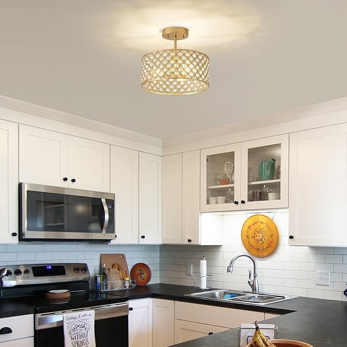 Gold Crystal Ceiling Light Fixture,Modern Semi Flush Mount Ceiling Lighting Fixture,Round Small Chandelier for Dining Room, Hallway, Entryway, Kitchen, Bedroom,Foyer,3 Light,12 inch
