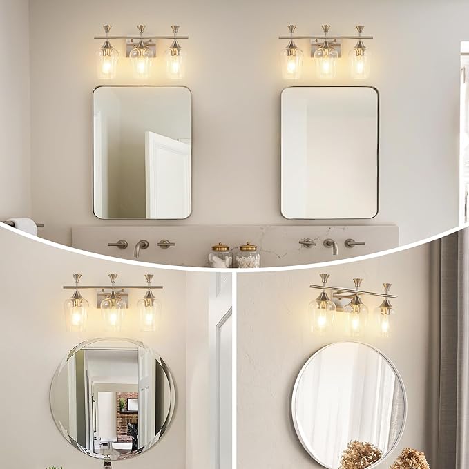 Bathroom Light Fixtures (3-Light, 19 Inch), Brushed Nickel Vanity Lights for Bathroom with Clear Wine Glass Glass Shade, Modern Vanity Wall Lights for Mirror Bedroom Living Room Kitchen Hallway Porch