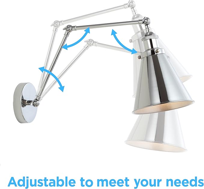 JONATHAN Y 7" Chrome Classic Industrial Metal Adjustable Arm LED Wall Sconce for Bedside Reading, Farmhouse Swing Arm Wall Lamp with Metal Shade, Hardwired (JYL7460A-SET2)