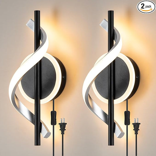 EIDISUNY Black Plug in Wall Sconces Sets of 2, 12W Modern Spiral LED Wall Lamp, 3000K Warm White Wall Light Fixture for Stairs Living Room Bedroom Aisle Hallway