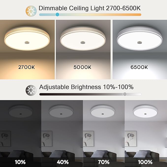 OOWOLF Flush Mount LED Ceiling Light Fixture, 2700K-6500K Super Bright 40W 4000LM 15.75 Inch Dimmable Warm/White Light Kitchen Light Modern Ceiling Lamp for Bedroom Bathroom, Chandeliers with Remote