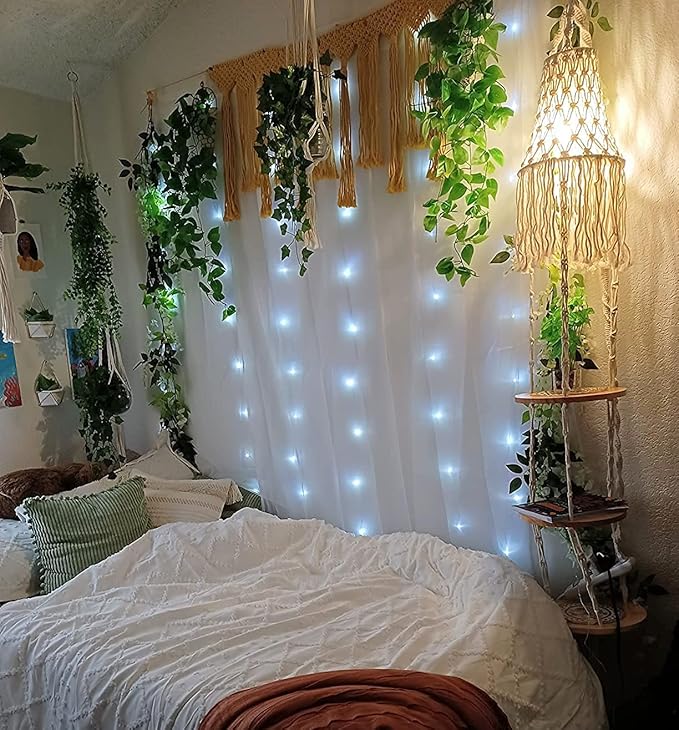 QIYIZM Boho Plug in Pendant Light Hanging Light with Plug in Cord,Dimmable Switch Hanging Lamp Macrame Lamp Shade and Plant Holder Shelf Indoor for Bohemian Decor Bedroom Corner Living Room