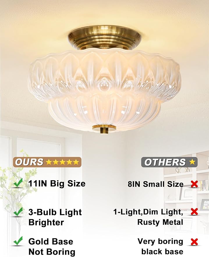 Semi Flush Mount Ceiling Light,11IN Vintage Gold Hallway Lights Fixture,3-Bulb Globe Milk Glass Close to Ceiling Light for Bathroom, Hallway, Dining Room,Bulb Not Included