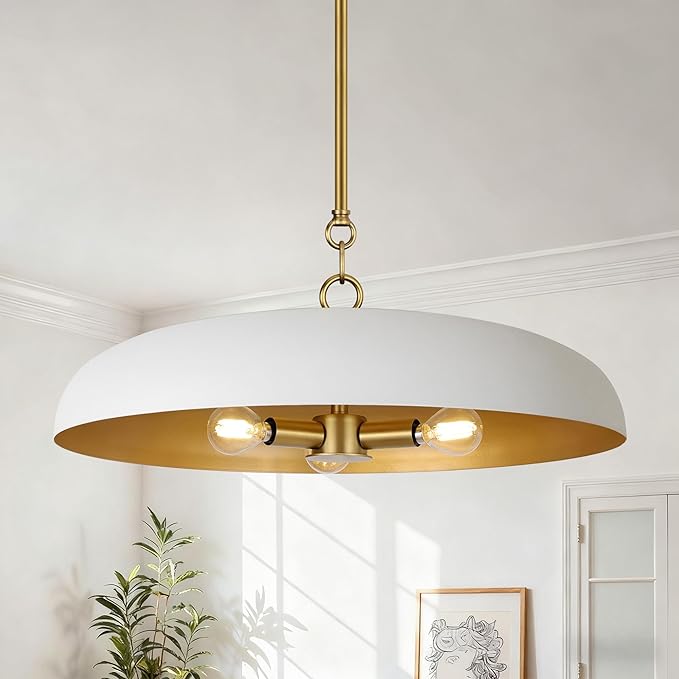 19.7 Inch Extra Large Pendant Light, 3-Light White and Gold All Metal Pendant Lighting Fixture, Oversized Modern Dome Chandelier Ceiling Hanging for Kitchen Island Dining Room Living Entryway