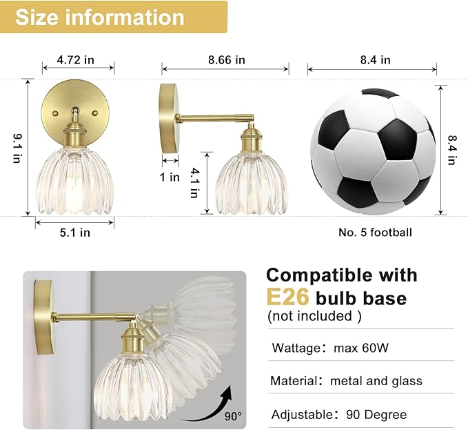 Hardwired Wall Sconces Set of Two, Vintage Wall Lights with Clear Tulip Glass Lampshade, Gold Wall Lamps for Bedroom Bedside Stairway Bathroom Living Room (Bulbs Not Included, Not Battery Powered)