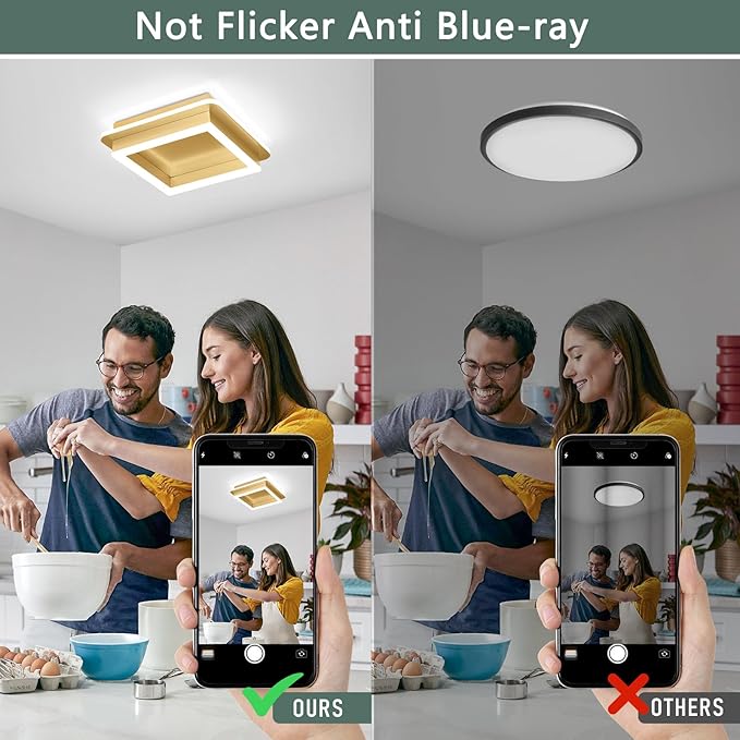 CANEOE 2 Packs Square Modern LED Light Fixture, 24W Black Flush Mount Hallway Light, Small Close to Ceiling Lamp for Living Room, Bedroom, Kitchen, Balcony, Cloakroom (All Gold, 2 Packs)