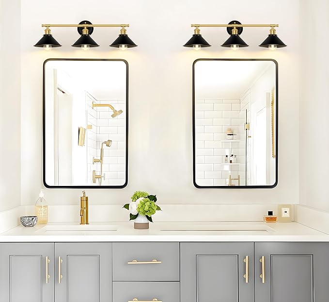 Licperron 3-Light Black and Gold Bathroom Lighting Fixtures, Farmhouse Vanity Wall Lights Over Mirror with Metal Shade, Indoor Bathroom Wall Mounted Lamp for Cabinet, Living Room, Kitchen