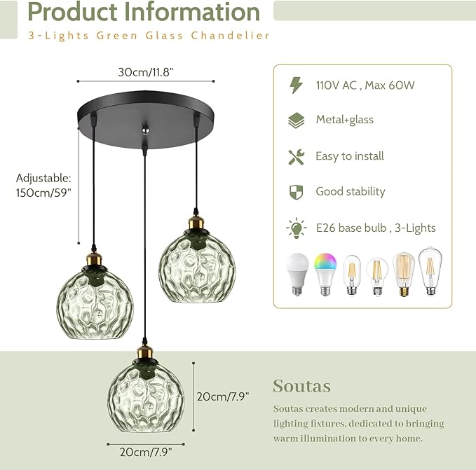 3-Light Pendant Lighting Green Hammered Glass Kitchen Light Fixtures Ceiling Hanging Kitchen Lights Over Island Mid Century Modern Globe Cluster Chandelier Black and Gold for Dining Room