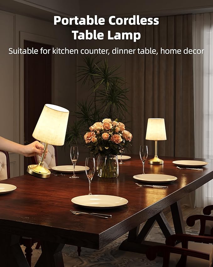 Cordless Table Lamp, 8000mAh, Ambient Light, Dimmable, Touch Control, 2700K, Small, Portable, LED, Wireless, Rechargeable, Cordless, Desk Lamp, Kitchen Lamp, Fabric Shade, for Dining Room, Bedroom