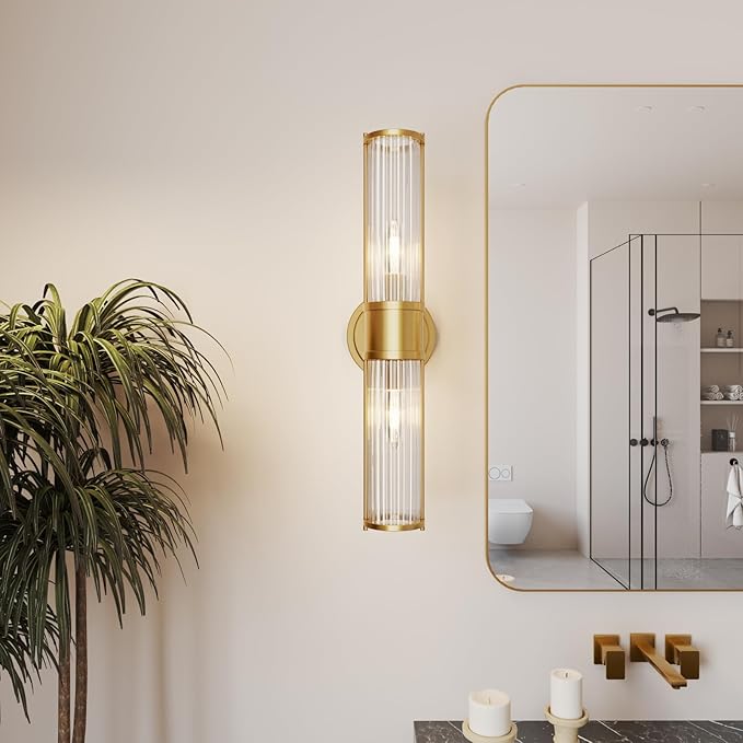 Gold Wall Sconce, Bathroom Light Fixtures with Threaded Glass Indoor Wall Sconces, Modern Sconce Wall Lighting Up and Down Vanity Lights Fixtures for Bathroom Mirror, Hallway, Living Room