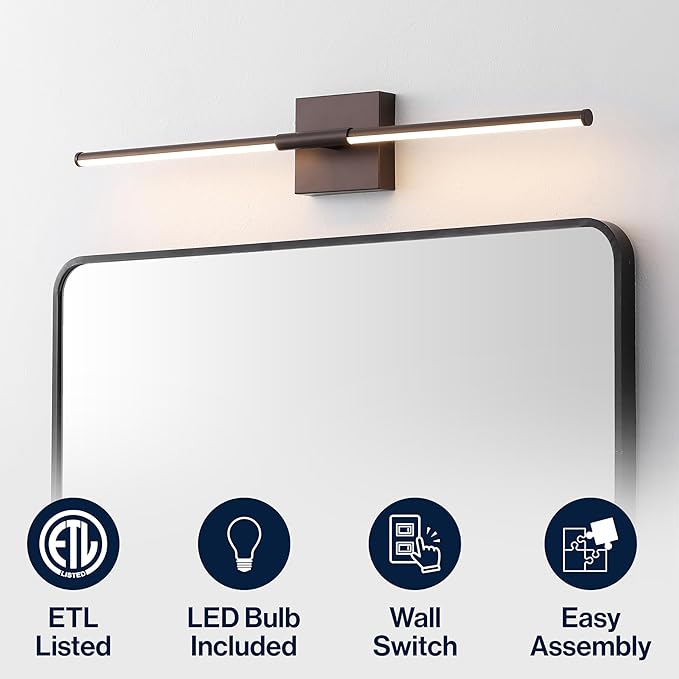 JONATHAN Y 28" Oil Rubbed Bronze Modern Dimmable Integrated LED Wall Sconce, Minimalist Adjustable Metal Vanity Light for Bathroom Mirror, Bedroom, Hallway, 3000K, ETL Listed (JYL7041D)