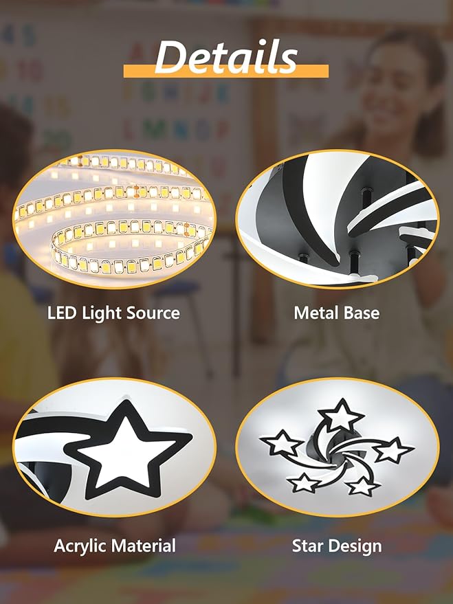 Goeco Kids Ceiling Light, 3 Light Modes (3000K/4500K/6500K) Modern Acrylic LED Close to Ceiling Light Fixture, Black Star Shape Flush Mount Lamp for Kids Room, Nursery, Bedroom, Living Room