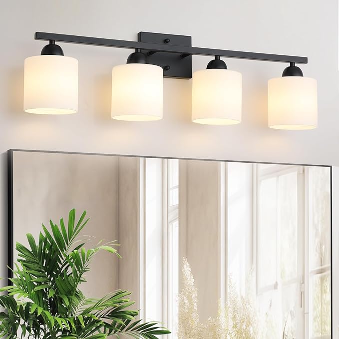 Mecgirn Milk Glass Vanity Lights for Bathroom, 4 Light Matte Black Bathroom Light Fixtures Over Mirror, Ceramic E26 Sockets Wall Mounted