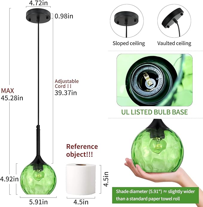 JHLBYL Glass Pendant Lights Kitchen Island: 5.91'' 1-Light Green Hammered Glass Pendant Light with Black Finish - Modern Minimalist Hanging Light Fixture for Kitchen Sink Dining Room - E26 Base