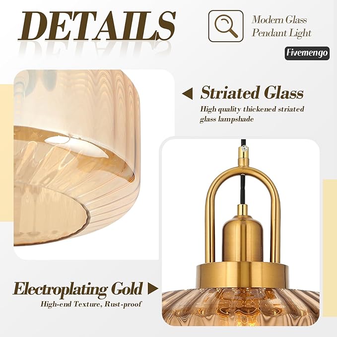 11.8in Mid Century Modern Amber Glass Pendant Light Fixture, Large Gold Kitchen Island Pendants Light Glass Ceiling Hanging Lamp for Foyer Dining Room Bedroom Entryway Hallway Over Sink