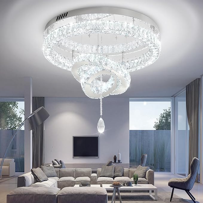 Flashing God Dia 32'' Modern Chandeliers for Living Room Crystal Flush Mount Ceiling Chandelier Large Chandeliers for Dining Room Bedroom LED Dimmable 3000-6000K Chrome