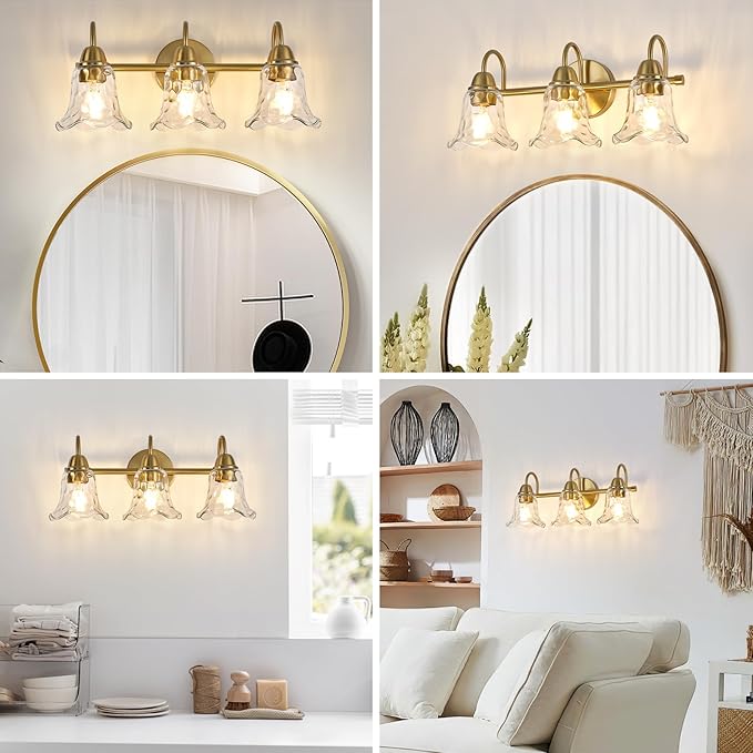 Bathroom Light Fixtures Over Mirror, 3 Lights Vintage Wall Sconces with Hammered Glass Shade, 19.3" Gold Bathroom Wall Light Fixtures for Bedroom, Porch, Hotel, Mirror Cabinet