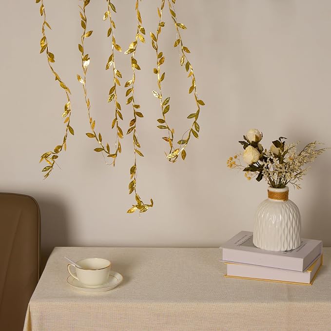 AdasBridal 6.56ft Gold Leaf String Lights 20 LED Fairy Lights Battery Operated Artificial Plant Vine Light for Wedding Birthday Party Decoration Indoor Outdoor Table Decor DIY Crafts, 2pcs