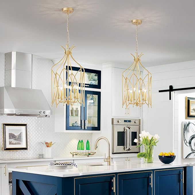 WUZUPS Lantern Pendant Chandelier Rustic Metal Cage Light Modern Lighting Fixture for Kitchen Diningroom Bathroom Livingroom, H 25.4" x W 14.2", E12 Base, Gold