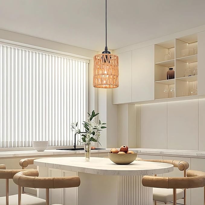 Rattan Pendant Lights Kitchen Island, 3 Pack Farmhouse Chandelier Lighting with Hand Woven Wicker Shade, Boho Pendant Light Fixtures Ceiling Hanging for Dining Room Bedroom Foyer Hallway