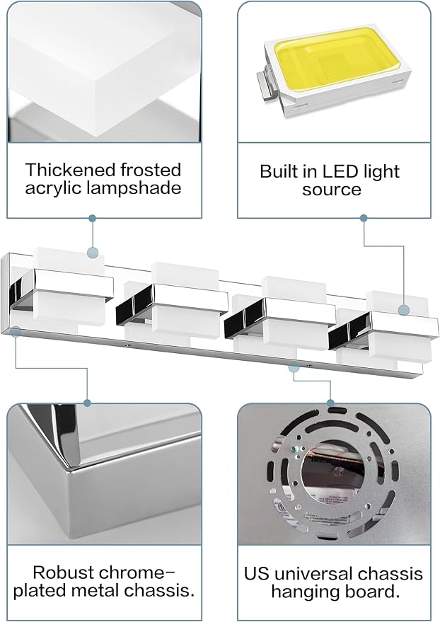 SOLFART Chrome Vanity Lights for Bathroom Above Mirror,4 Light Bathroom Light Fixtures, LED Lighting Fixture, Nickel Vanity Light,5 Color Temperature Adjustable Light Over Mirror