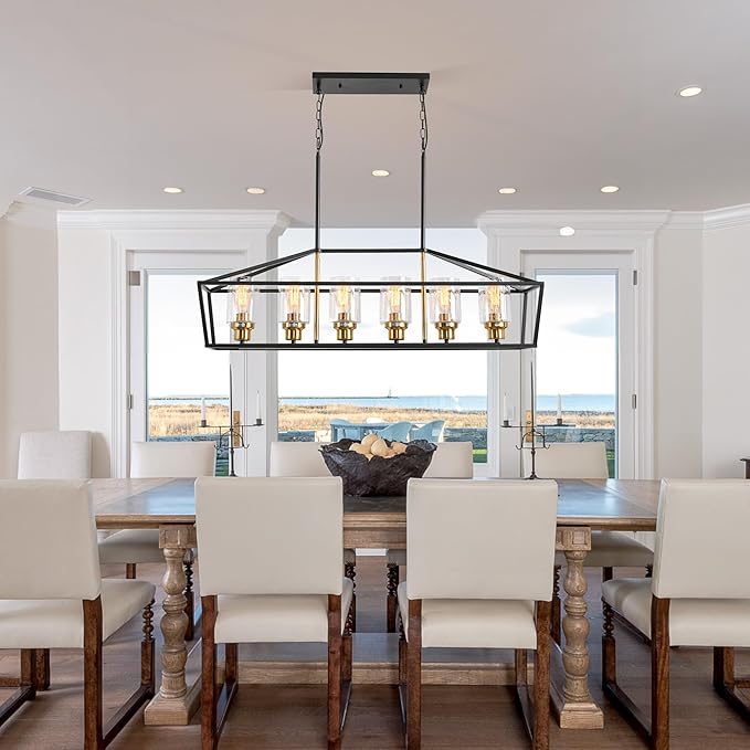 Black Kitchen Island Lighting, 6-Light Modern Farmhouse Dining Room Light Fixtures Over Table, Rectangle Linear Chandelier with Bubble Seeded Glass Shade and Brushed Brass Socket
