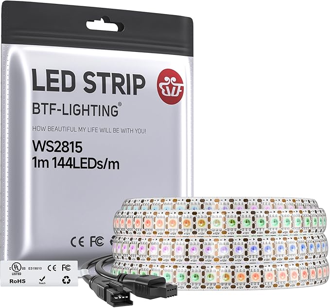 BTF-LIGHTING WS2815 (Upgraded WS2812B) LED Strip Light,UL Listed,3.2FT 144 LED/Pixels,Flexible Chasing RGB,Dual Signal Individually Addressable,5050SMD,3M Tape,DC12V IP65(No Adapter or Controller)