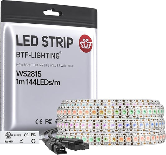 BTF-LIGHTING WS2815 (Upgraded WS2812B) LED Strip Light,UL Listed,3.2FT 144 LED/Pixels,Flexible Chasing RGB,Dual Signal Individually Addressable,5050SMD,3M Tape,DC12V IP65(No Adapter or Controller)