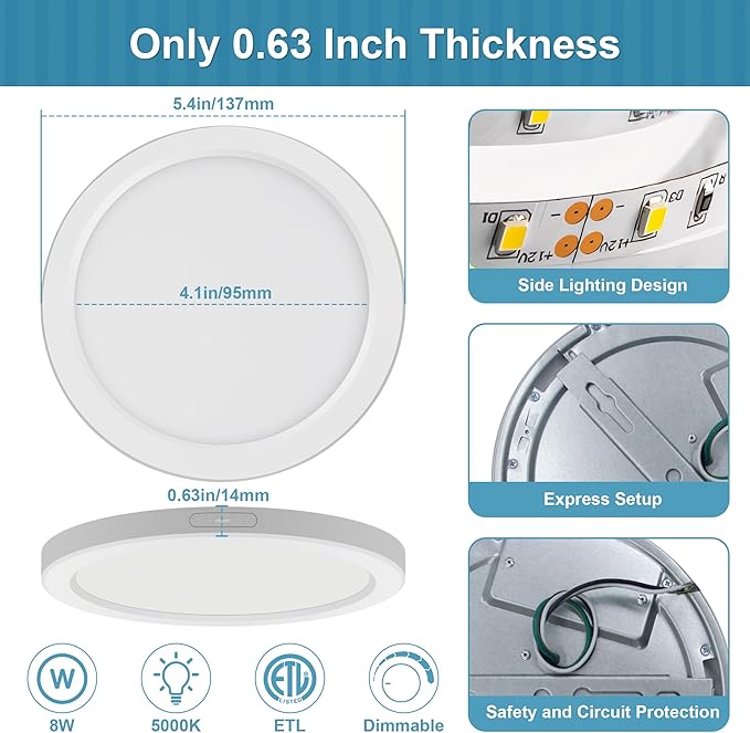 ETL Certifed 5 inch LED Ceiling Light Flush Mount 5000K Daylight, Ultra Slim 0.63" Thick Round Flat Ceiling Lamp 8 Pack Dimmable Small Ceiling Lights for Basement,Bedrooms,Kitchen,Bathroom