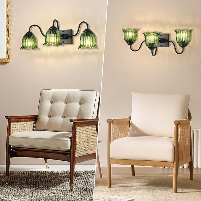 Vintage Bathroom Light Fixture, Black 3-Light Vanity Light Fixtures with Crystal Green Shades, Matte Vanity Lighting Fixture Modern Wall Sconces for Bedroom Dressing Room Living Room