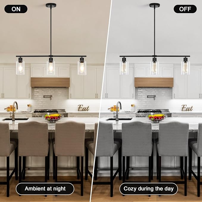 Kitchen Island Lighting, 3-Light Black Island Lights for Dining Room Light Fixture Over Table, Modern Linear Chandelier with Clear Glass Shade, 31" Farmhouse Hanging Pendant Light Fixtures for Kitchen