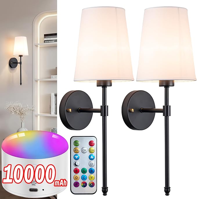 YHCDLAMP Battery Operated Wall Sconce Light with Remote Control, Dimmable Wall Sconce Set of 2 with White Fabric Shade, Wireless Battery Operated Wall Lamp for Bedroom Living Room, Bulb Included