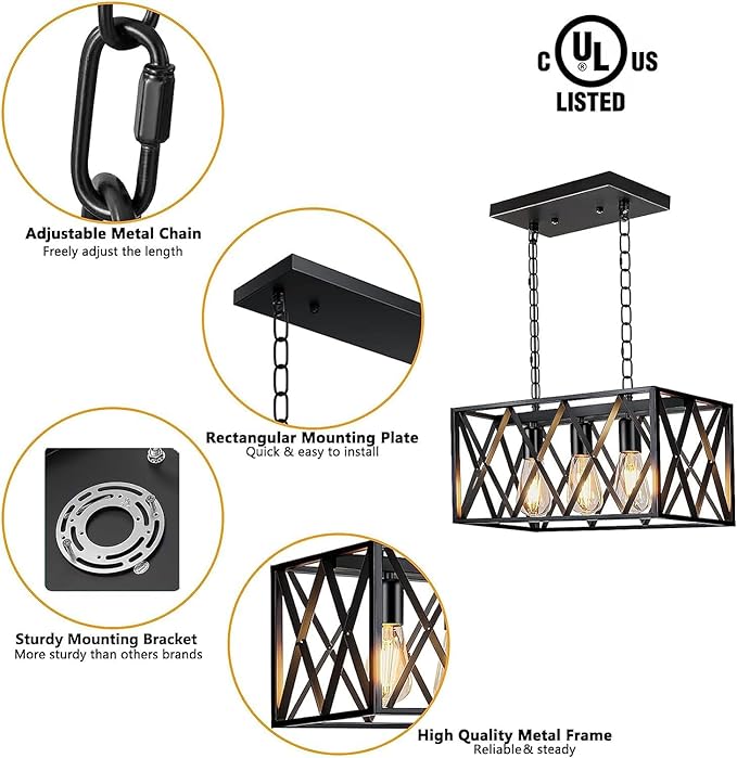 Pynsseu Industrial Kitchen Island Pendant Lighting, Rectangular Vintage Rustic 3-Light Hanging Pendant Light Fixtures for Kitchen Farmhouse, Bar, Dinning Room
