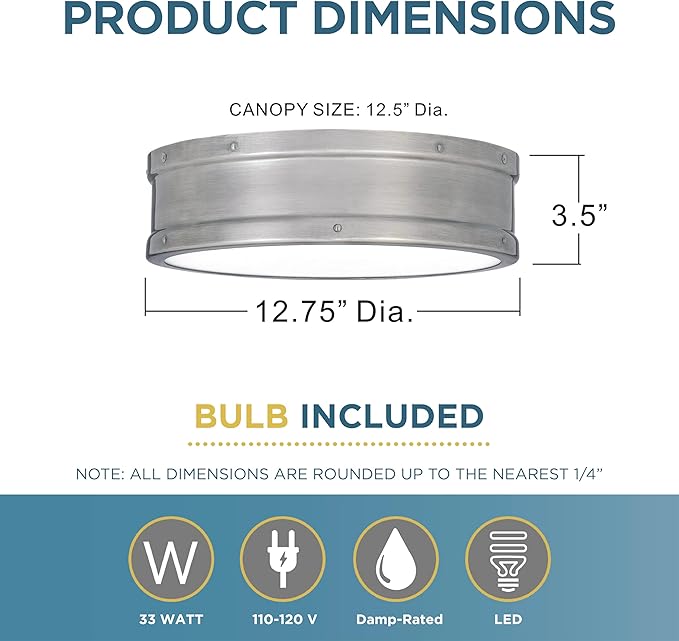 Quoizel Ahoy Round Flush Mount Ceiling Light, 13 Inch Antique Polished Nickel Drum Light with Metal Shade, 25 W LED, 1700 Lumens, Close to Ceiling Light Fixtures for Home, Kitchen or Office Lighting
